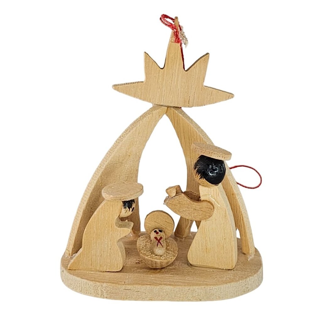Handcrafted Wooden Nativity Scene Ornament With Red Hanging Loop